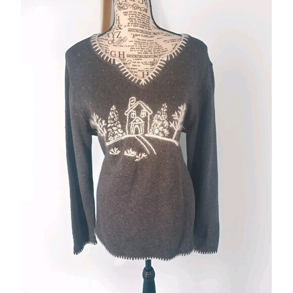 Womens Sweater Medium Winter Scene Embroidery Whip Stitch Quacker Factory QVC - Picture 1 of 15